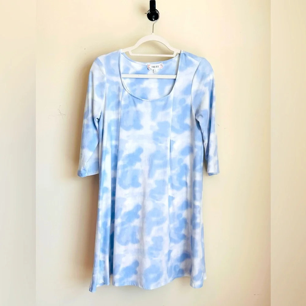 Pink Rose Dress - Blue Hydra Tie Die - 3/4 Sleeves in a Size L